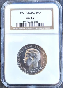 10 DRACHMAI 1971 GREECE, NGC MS 67 ! RARE IH THIS GRADE. - Picture 1 of 2