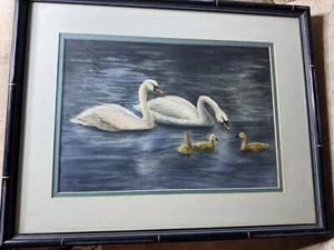 "Swans And Goslings Scene" Mixed Media Painting - Framed - Picture 1 of 12