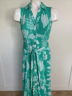 Talbots Petite Womens Size P Green White Floral Sleeveless Belted Midi Dress - Image 1 of 4