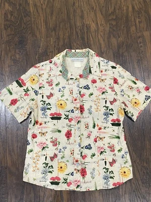 De Colección Sharon Mujer Joven Mediana Jardinería Abotonada Lino Camisa Flores Pala Foto 1 de 4