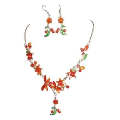 Parure femme -  Bijou métal argenté Strass rouge Laque rouge / vert  Libellulle - Photo 1/2