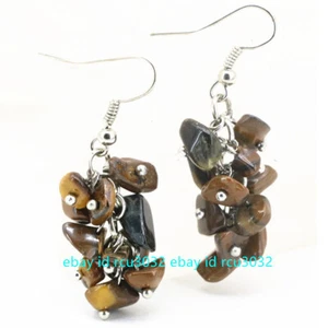 Natural 5-8mm Irregular Yellow Tigers Eye Gemstone Beads Dangle Silver Earrings - Picture 1 of 12