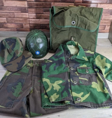 US Army Camouflage Soldier Fatigues Uniform 518 w/ Hat Helmet & Knapsack Size 4 - Image 1 of 4