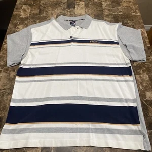 Phat Farm Polo Mens Large Gray Navy Blue Striped Rugby Golf 90s Hip Hop Y2K - Picture 1 of 11