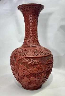 Jarrón antiguo grande de laca de cinabrio tallada china dinastía Qing Foto 1 de 4