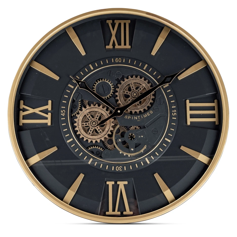 XXL Wall Clock Spintimes D. 59cm with moving gears black gold Formano - Image 1 of 1