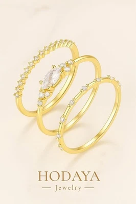 3pcs 14k gold plated stacking rings set for women cz dainty thin eternity bands - Image 1 of 4