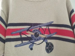 Sonoma Size 7 Kids Airplane Sweater Tan w/ blue and red stripes & biplane - Picture 1 of 4