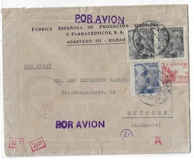 España: 1941; Cubierta con censura alemania, a Munchen, matasellos AVION EBES-029 Foto 1 de 2