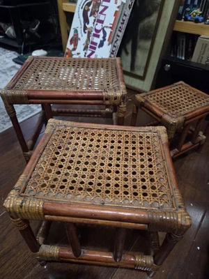 VINTAGE Bamboo Nesting Tables Rattan Wicker Set of 3 ~ Largest 10"×9"×10.75" - Image 1 of 4