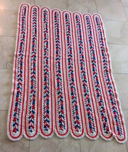 Vtg Handmade Crochet Afghan Blanket Throw 60x44 Lap Comforter Red White Blue - Picture 1 of 7