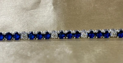Brazalete Tenis Diamante Zafiro Azul Natural 12 Ct Oro Blanco Sólido 14K 7.5" Foto 1 de 4