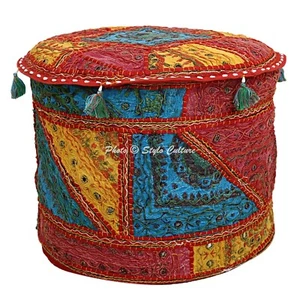 Patchwork FLOOR OTTOMAN POUF Multicolor PILLOW COVER INDIAN DECOR Foot Stool - Picture 1 of 7