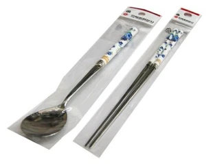 Korean Stainless Steel Spoon and Chopsticks Set Blue Rose Picture tableware - Picture 1 of 1