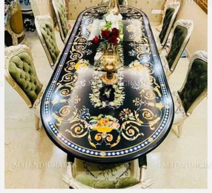 6' X 3' Black Marble Dining Table Floral Inlay Center Table Mosaic Vintage Art - Picture 1 of 6