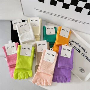 Women Five Finger Toe Crew Sport Color Casual Classic Combed Cotton Socks 5Pairs