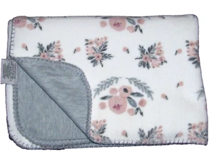 Amari Floral Pink Flower Leaf Velour Baby Blanket Reversible Solid Gray Stitched - Picture 1 of 3