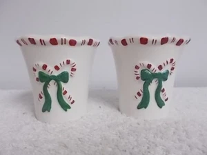 Set of 2 White Barn Candle Co Christmas Candy Canes Bows Ceramic Votive Holders - Picture 1 of 7
