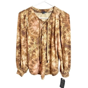 Democracy Women's Blouson Sleeve Lace-Up Front Tie Dye Print Top Size Small NEW - Picture 1 of 11