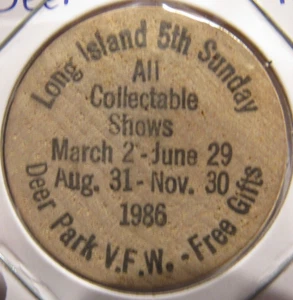 1986 Long Island Coin Club Deer Park, Nueva York níquel de madera - ficha de Nueva York - Imagen 1 de 2