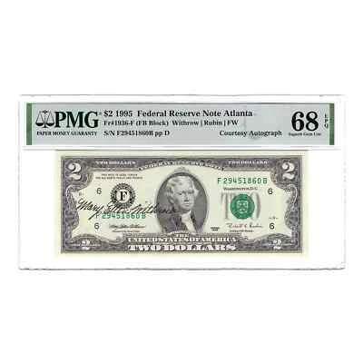 $2 1995 Small Size $2 Federal Reserve Notes 1936-F  PMG 68 Withrow Signed - Image 1 of 2