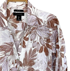Tahari Tunic Top Blouse Womens L Brown Linen Floral Roll Tab Sleeves Coastal - Picture 1 of 7