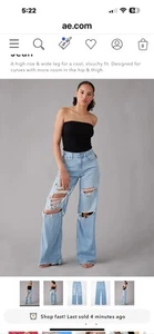 American Eagle Jeans Womens 14 32W Blue Baggy Wide Leg Dreamy Drape Ripped Denim - Picture 1 of 21