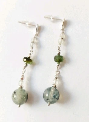 Orecchini pendenti in argento 925 con prenite tonda tormalina verde  ed ematite  - Immagine 1 di 4
