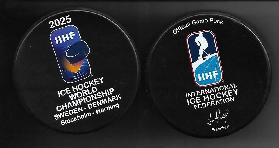 Eishockey Puck  GAME PUCK  WM 2025 SCHWEDEN DÄNEMARK       DEL NHL - Bild 1 von 1