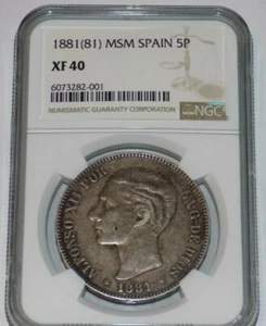 1881 (81) MSM SPAIN 5 Pesetas ALFONSO XII NGC XF 40 XF40 KEY Date & Mint Coin  - Picture 1 of 4