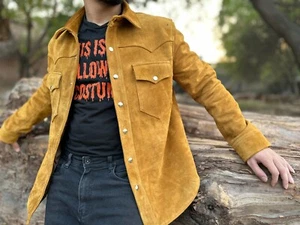 Men's 100% Real Suede Leather Trucker Jacket Premium Scully Shirt Western Wear - Picture 1 of 6