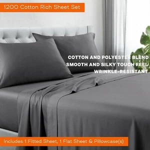 1200TC Sheet Set Cotton Rich Flat Fitted Sheets Pillowcases Queen King Single - Picture 1 of 14