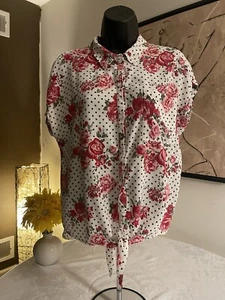 No Boundaries XL 15-17 Button Down Blouse. Floral W Polka Dots. Pocket & Tie - Picture 1 of 10