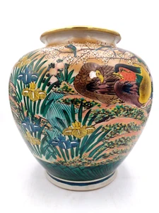 12 Inch Japanese Ko Kutani Green Pheasants Crackle Glaze Porcelain Flower Vase - Picture 1 of 12