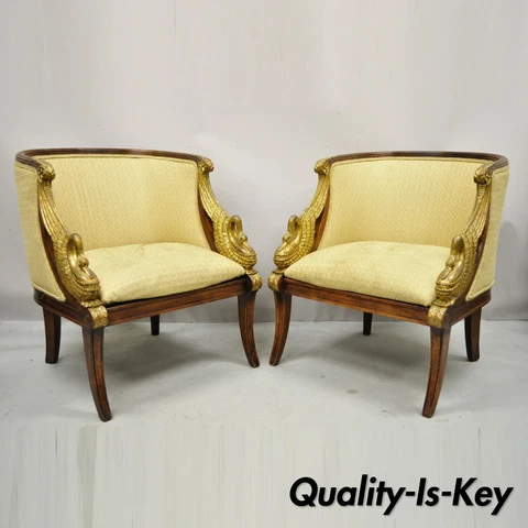 Italian Regency Carved Gold Gilt Wood Swans Barrel Back Club Chair - a Pair Cover