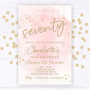 Personalised 70th Birthday Party Invitations, Pink Gold, Any Age, 40th 30th