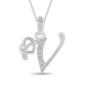 0.05Ct Round Cut Natural Diamond Alphabet-Heart "V" Pendant 10K White Gold - Picture 1 of 5