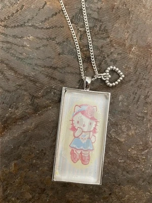 Ретро розовый Hello Kitty серебряный прямоугольник подвеска с сердце подвеска цепочка ожерелье - Изображение 1 из 2
