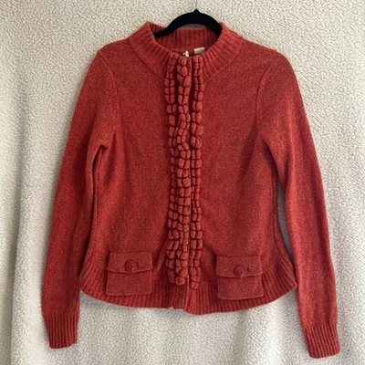 Anthropologie Moth Sweater Womens Sz M Orange Wool Cardigan Ruffles Fall Pockets - Image 1 of 4