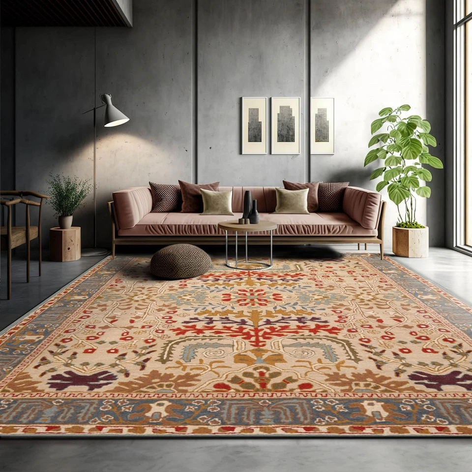 Переходная шерстяная дорожка для декоративно-прикладного искусства ручной работы 2 фута 6 дюймов x 12 футов бежевая, синяя - Изображение 1 из 4