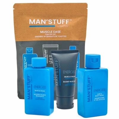 MAN STUFF Muscle Soak Gift Set Kit Bath Body Hair Wash Muscle Ease Balm Mens Dad Son Xmas