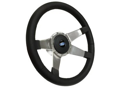 1965-72 Ford Truck 9-Bolt Black Leather Steering Wheel Kit, Ford Button, 4-Spoke - Image 1 of 4