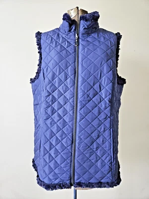Denim & Co Reversible Faux Fur Vest Royal Blue Quilted Pockets Large - Image 1 of 4