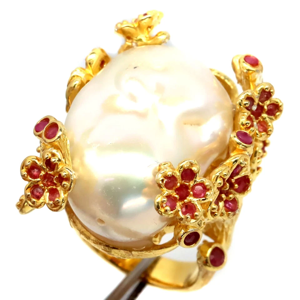 925 Sterling Silver White Baroque Pearl & Red Ruby Jewelry Ring Size 5.75 - Image 1 of 4