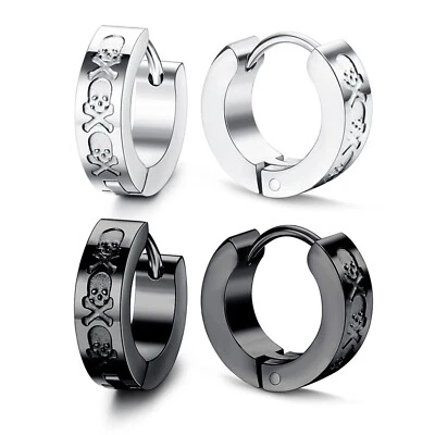 2pcs Punk Stainless Steel Gothic Skull Hoop Huggie Earrings for Men Women 18G - Image 1 of 4