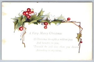 A Very Merry Christmas, Rhyme, Holly, Vintage Alcan Moss Greeting Postcard - Picture 1 of 2