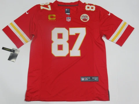Travis Kelce Kansas City Chiefs 2023-24 Season 4 Star GOLD Captain Jersey Red Cover