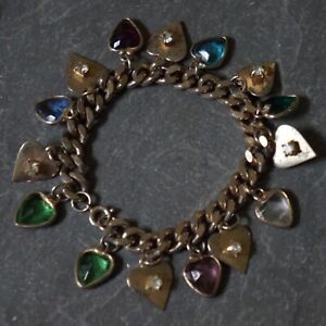 Vintage Bracelet - Unique Colorful Heart Charms Rhinestones - Gold Tone Metal