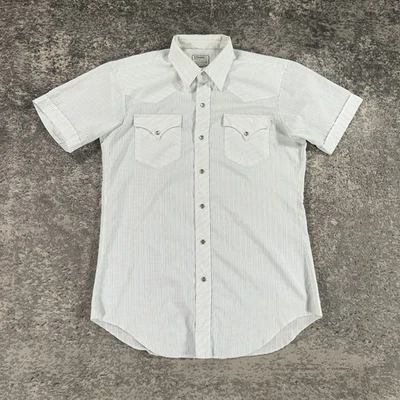 VTG H Bar C Ranchwear Shirt Mens Medium White Blue Stripe Pearl Snap 60s 70s USA - Image 1 of 4