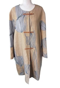 NWOT Lafayette 148 100% Linen Long Jacket Blue Khaki Brown $1,498 Leather Straps - Picture 1 of 9